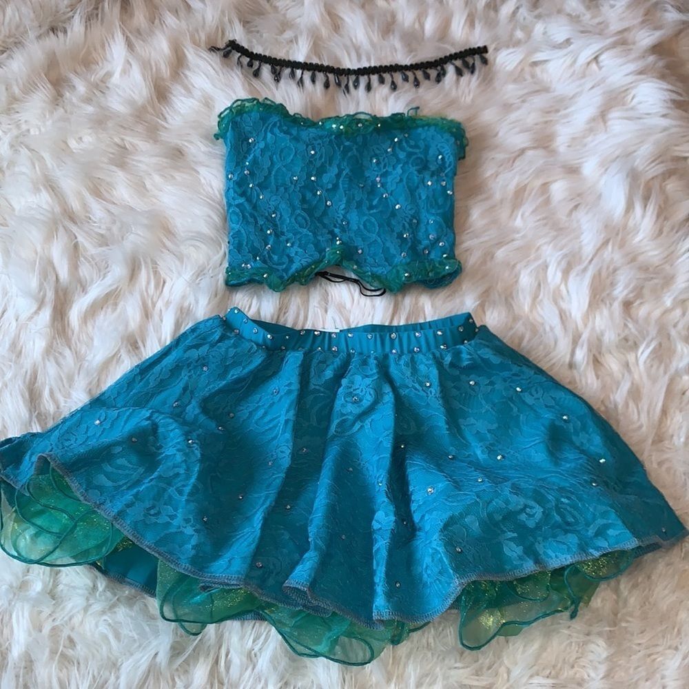 Turquoise Two Piece Dance Costume Adorned with Swarovski Crystals